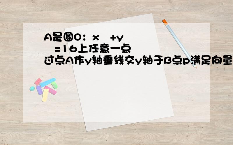 A是圆O：x²+y²=16上任意一点过点A作y轴垂线交y轴于B点p满足向量AP=1/3向量PB则当点A在圆周上运动时点P的轨（1）点p的轨迹方程为 这问我会 得x²/9+y²/16=1 （2）向量AP的最大值为?结