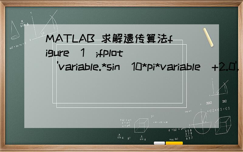 MATLAB 求解遗传算法figure(1);fplot('variable.*sin(10*pi*variable)+2.0',[-1,2]); %画出函数曲线%定义遗传算法参数NIND=40; %个体数目(Number of individuals)MAXGEN=25; %最大遗传代数(Maximum number of generations)PRECI=20; %变