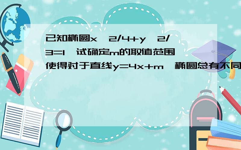 已知椭圆x^2/4+y^2/3=1,试确定m的取值范围,使得对于直线y=4x+m,椭圆总有不同的两点关于该直线对称.