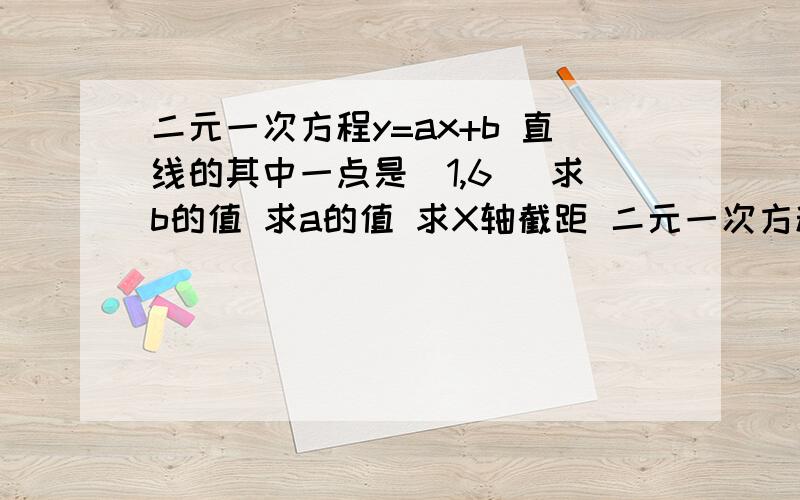 二元一次方程y=ax+b 直线的其中一点是(1,6) 求b的值 求a的值 求X轴截距 二元一次方程y=ax+b 直线的其中一点是(1,6)求b的值求a的值求X轴截距y轴截距是4