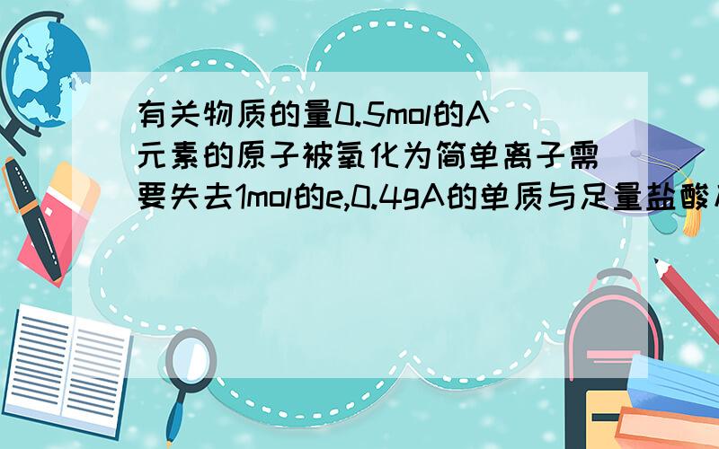 有关物质的量0.5mol的A元素的原子被氧化为简单离子需要失去1mol的e,0.4gA的单质与足量盐酸反应,生成上述A的阳离子时,可放出0.02克氢气,通过计算确定A是什么元素?请给我过程,至少要有个思路,