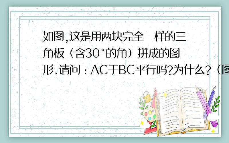 如图,这是用两块完全一样的三角板（含30°的角）拼成的图形.请问：AC于BC平行吗?为什么?（图为22题)