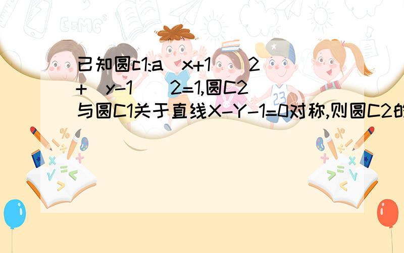 已知圆c1:a(x+1)^2+(y-1)^2=1,圆C2与圆C1关于直线X-Y-1=0对称,则圆C2的方程为什么?我就是不知道为什么圆心与(-1,1)关于直线X-Y-1=0对称所以圆C2的圆心是(2,-2)谁能解释下?标准答案么？？肯定对么？？