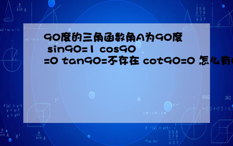 90度的三角函数角A为90度 sin90=1 cos90=0 tan90=不存在 cot90=0 怎么有0和1呢是因为角A没(对边.邻边.斜边)其中一边吗?如果不是 那是因为什么