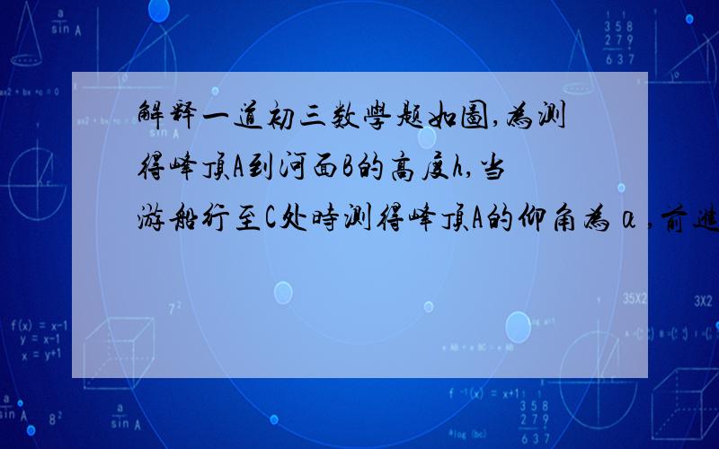 解释一道初三数学题如图,为测得峰顶A到河面B的高度h,当游船行至C处时测得峰顶A的仰角为α,前进m米至D处时测得峰顶A的仰角为β(此时C、D、B三点在同一直线上).用含α、β和m的式子表示h ；题