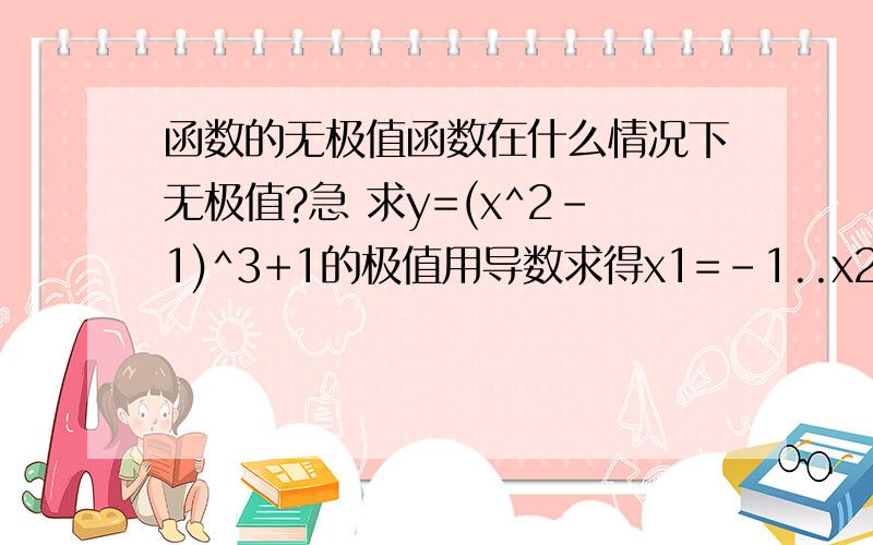 函数的无极值函数在什么情况下无极值?急 求y=(x^2-1)^3+1的极值用导数求得x1=-1..x2=0..x3=1 列出表格 -1和1时无极值 为什么？