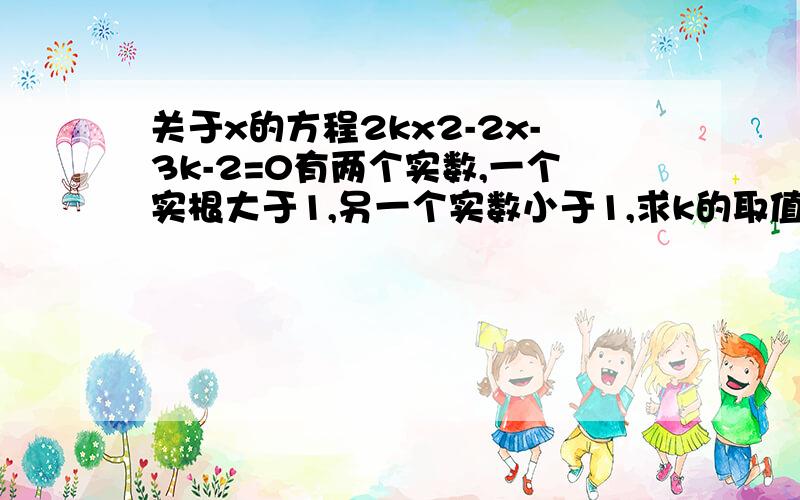 关于x的方程2kx2-2x-3k-2=0有两个实数,一个实根大于1,另一个实数小于1,求k的取值范围