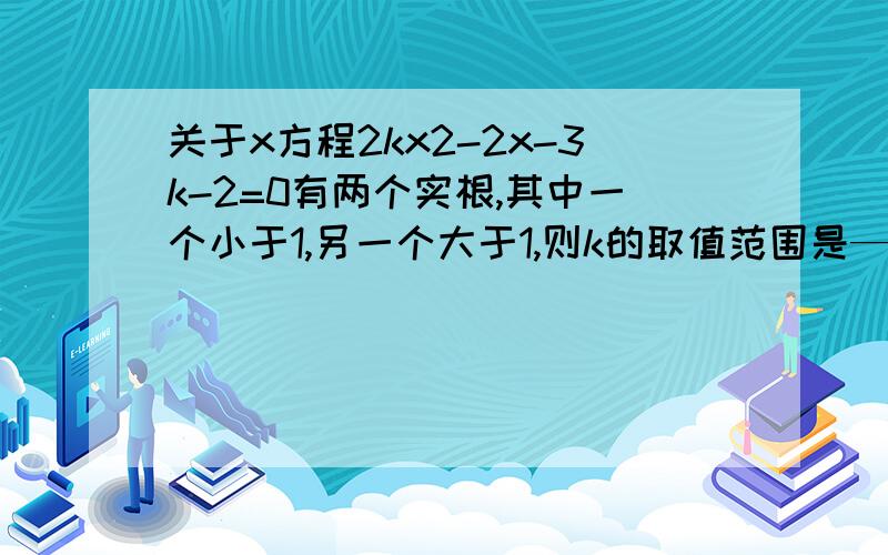 关于x方程2kx2-2x-3k-2=0有两个实根,其中一个小于1,另一个大于1,则k的取值范围是——————————2kx*x =2kx2