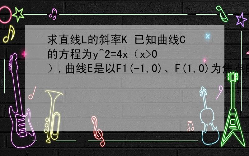 求直线L的斜率K 已知曲线C的方程为y^2=4x（x>0）,曲线E是以F1(-1,0)、F(1,0)为焦点的椭圆点P是曲线C与曲线E在第一象限的交点 且|PF2|=5/31.求曲线E的标准方程2.直线L与椭圆E相交于A B两点 若AB的中点