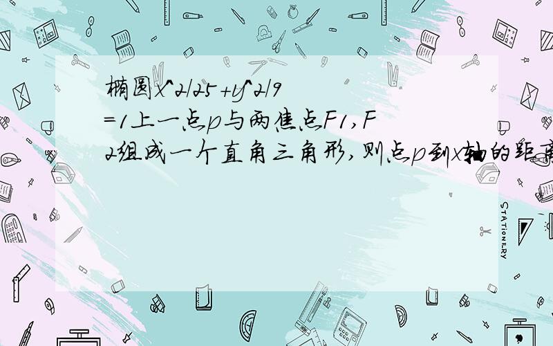 椭圆x^2/25+y^2/9=1上一点p与两焦点F1,F2组成一个直角三角形,则点p到x轴的距离是?