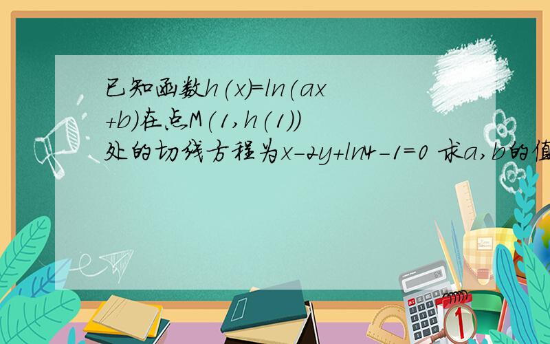 已知函数h(x)=ln(ax+b)在点M(1,h(1))处的切线方程为x-2y+ln4-1=0 求a,b的值