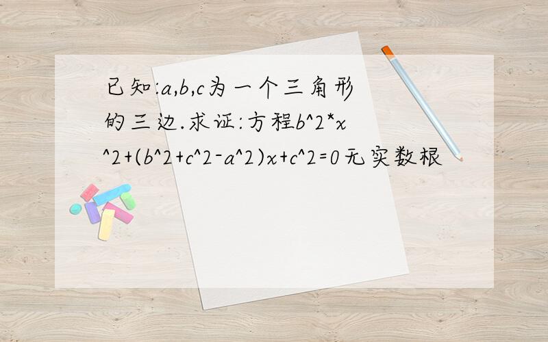 已知:a,b,c为一个三角形的三边.求证:方程b^2*x^2+(b^2+c^2-a^2)x+c^2=0无实数根