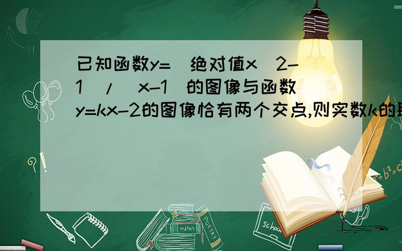 已知函数y=(绝对值x^2-1)/(x-1)的图像与函数y=kx-2的图像恰有两个交点,则实数k的取值范围是（ ）A （-2,-1)并(0,4) B (0,3/4)并（3/4,4） C (1/3,1)并(1,4) D (0,1)并(1,4)