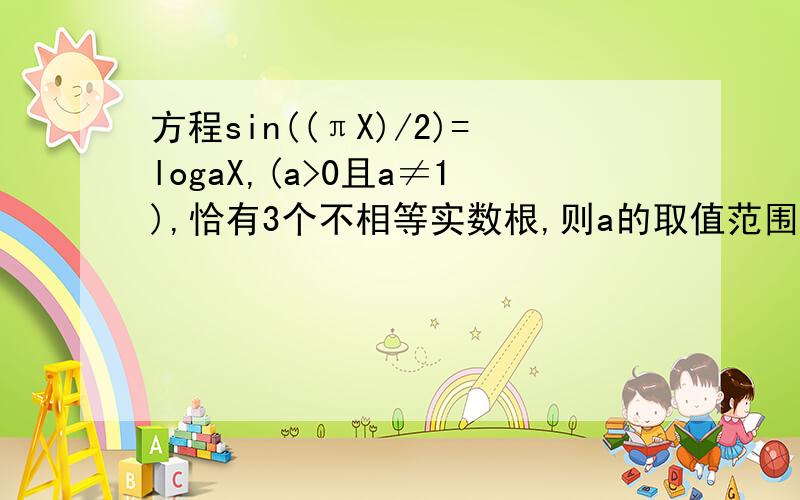 方程sin((πX)/2)=logaX,(a>0且a≠1),恰有3个不相等实数根,则a的取值范围?A.空集 B.（5,9） C.(1/7,1/3) D(5,9)并（1/7,1/3）