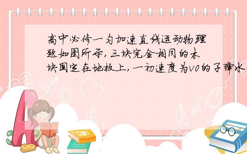 高中必修一匀加速直线运动物理题如图所示,三块完全相同的木块固定在地板上,一初速度为v0的子弹水平射穿第三块木板后速度恰好为零.设木板对子弹的阻力不随子弹的速度而变化,求子弹分