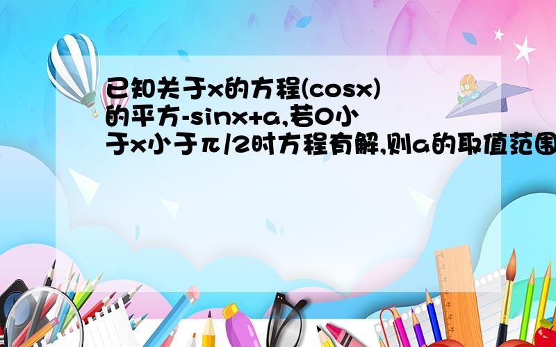 已知关于x的方程(cosx)的平方-sinx+a,若0小于x小于π/2时方程有解,则a的取值范围是