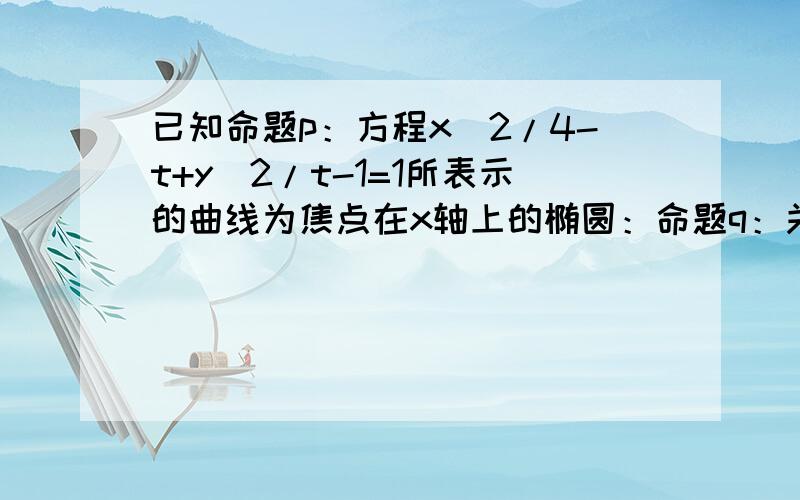 已知命题p：方程x^2/4-t+y^2/t-1=1所表示的曲线为焦点在x轴上的椭圆：命题q：关于实数t的不等式t^2-(a+...已知命题p：方程x^2/4-t+y^2/t-1=1所表示的曲线为焦点在x轴上的椭圆：命题q：关于实数t的不