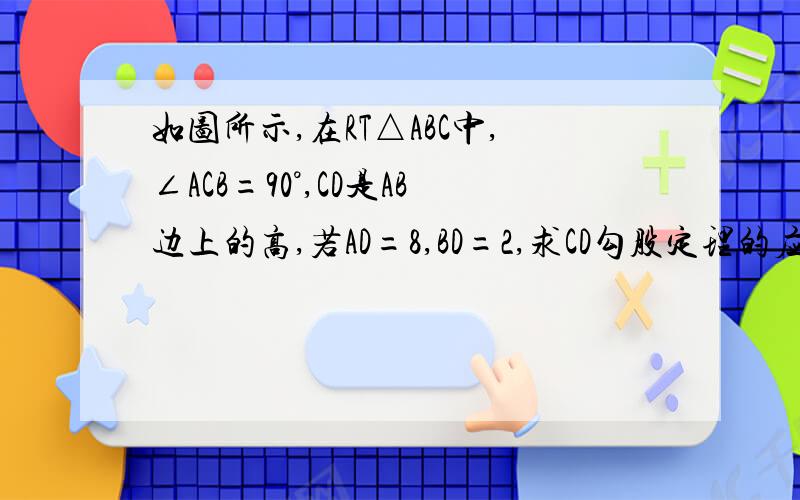 如图所示,在RT△ABC中,∠ACB=90°,CD是AB边上的高,若AD=8,BD=2,求CD勾股定理的应用题目 不要太猥琐,