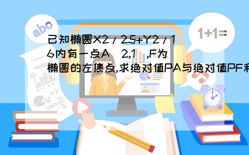 已知椭圆X2/25+Y2/16内有一点A（2,1）,F为椭圆的左焦点,求绝对值PA与绝对值PF和的最小值,最大值