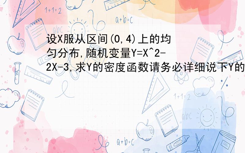 设X服从区间(0,4)上的均匀分布,随机变量Y=X^2-2X-3,求Y的密度函数请务必详细说下Y的分布函数分段原则,就是如何根据X的分布函数确定Y的分布函数,针对这道题请详细说下,也请务必针对求Y分段