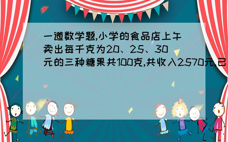 一道数学题,小学的食品店上午卖出每千克为20、25、30元的三种糖果共100克,共收入2570元,已知其中售出每千克糖果25元和每千克30元的糖果共收入了1970元.问每千克25元的糖果售出了几千克?写过