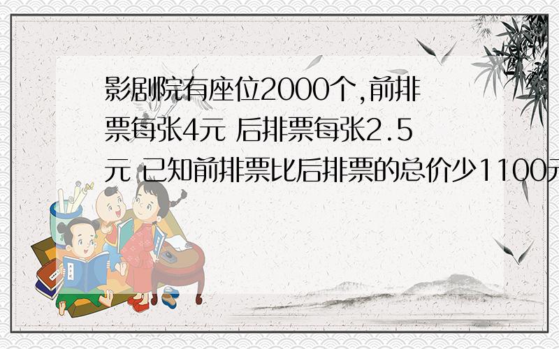 影剧院有座位2000个,前排票每张4元 后排票每张2.5元 已知前排票比后排票的总价少1100元前排和后排各