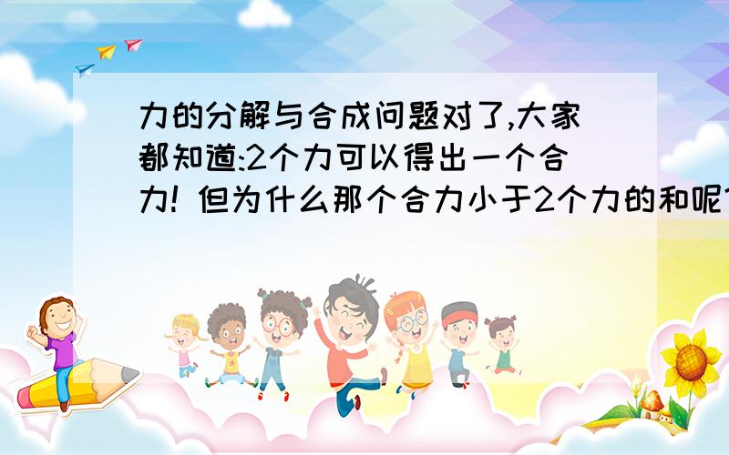 力的分解与合成问题对了,大家都知道:2个力可以得出一个合力! 但为什么那个合力小于2个力的和呢?我知道是夹角的问题,但. 那么那2个力多出来的部分到哪里去了~? @ @ ?