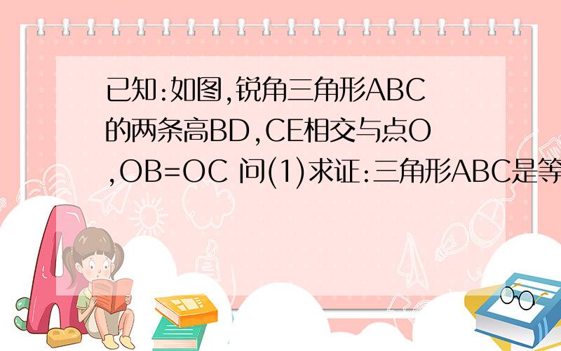 已知:如图,锐角三角形ABC的两条高BD,CE相交与点O,OB=OC 问(1)求证:三角形ABC是等腰三角形请问OB=OC,怎么就证明了角OBC=角OCB