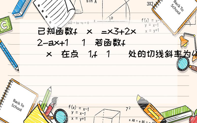 已知函数f(x)=x3+2x2-ax+1 (1)若函数f(x)在点(1,f(1))处的切线斜率为4,求实数a的值 (2)若函数g(x)=f(x)导已知函数f(x)=x3+2x2-ax+1(1)若函数f(x)在点(1,f(1))处的切线斜率为4,求实数a的值(2)若函数g(x)=f(x)导数在