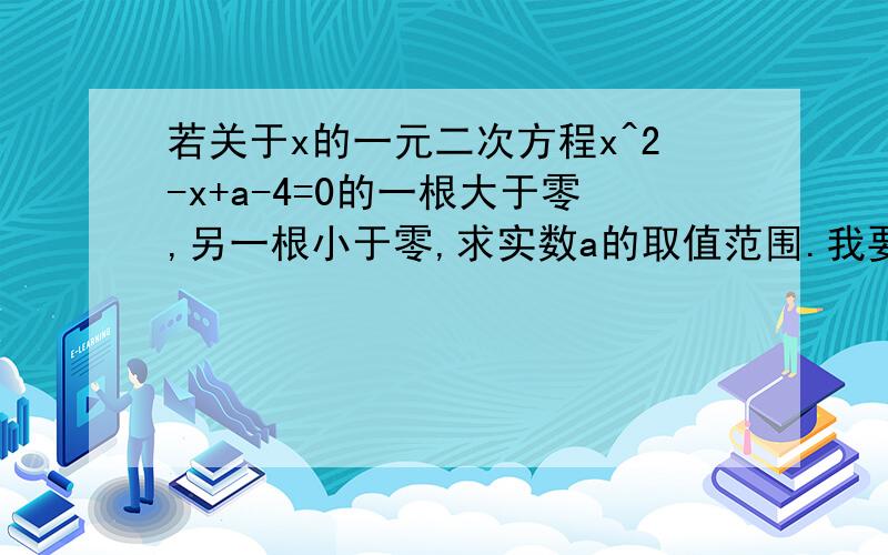 若关于x的一元二次方程x^2-x+a-4=0的一根大于零,另一根小于零,求实数a的取值范围.我要一步一步的解题答案,