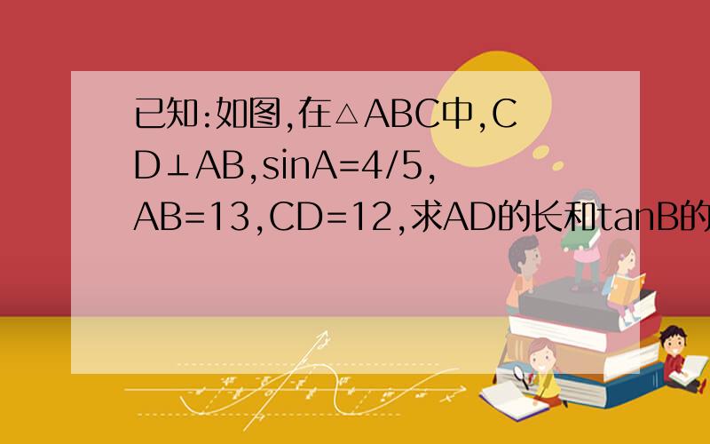 已知:如图,在△ABC中,CD⊥AB,sinA=4/5,AB=13,CD=12,求AD的长和tanB的值.