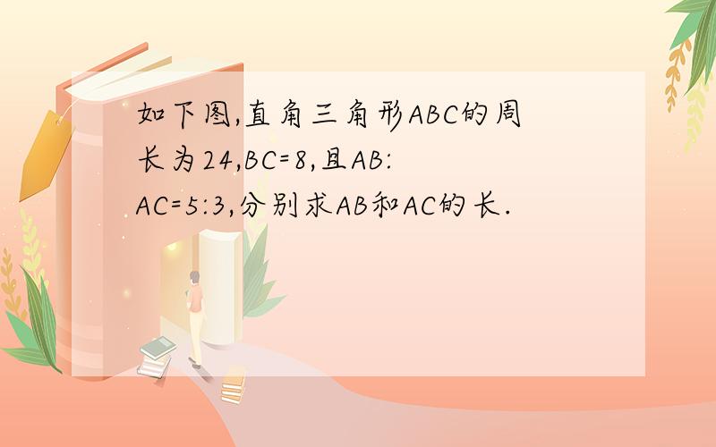 如下图,直角三角形ABC的周长为24,BC=8,且AB:AC=5:3,分别求AB和AC的长.