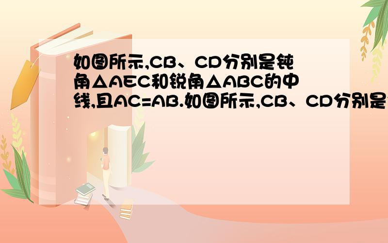 如图所示,CB、CD分别是钝角△AEC和锐角△ABC的中线,且AC=AB.如图所示,CB、CD分别是钝角△AEC和锐角△ABC的中线,且AC=AB,给出下列结论：①AE=2AC,②CE=2CD,③∠ACD=∠BCE,④CB平分∠DCE.请写出正确结论的