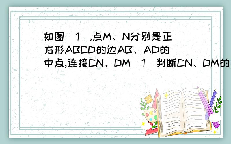 如图(1),点M、N分别是正方形ABCD的边AB、AD的中点,连接CN、DM（1）判断CN、DM的关系,并说明理由（2）设CN、DM的交点为H,连接BH,如图二,求证△BCH是等腰三角形（3）将△ADM沿DM翻折得到△A’DM,延长