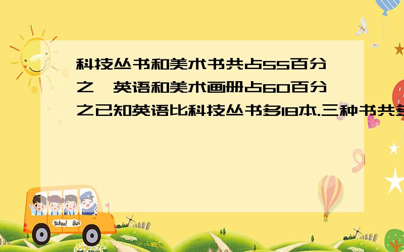 科技丛书和美术书共占55百分之,英语和美术画册占60百分之已知英语比科技丛书多18本.三种书共多少本