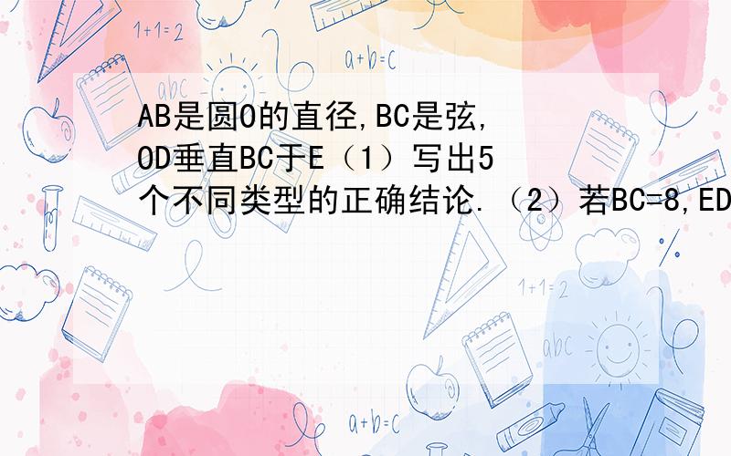 AB是圆O的直径,BC是弦,OD垂直BC于E（1）写出5个不同类型的正确结论.（2）若BC=8,ED=2,求圆O的半径.