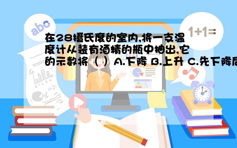 在28摄氏度的室内,将一支温度计从装有酒精的瓶中抽出,它的示数将（ ）A.下降 B.上升 C.先下降后上升 D.先上升后下降