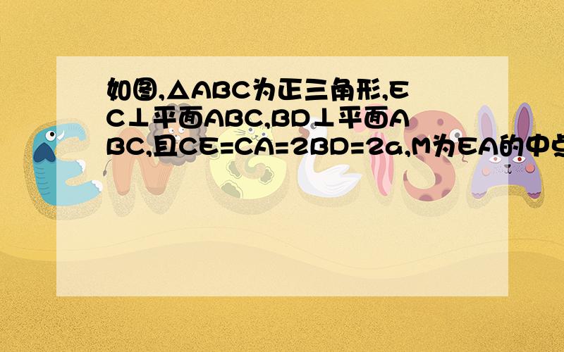 如图,△ABC为正三角形,EC⊥平面ABC,BD⊥平面ABC,且CE=CA=2BD=2a,M为EA的中点（1）求证DM⊥平面ECA(2)求点C到平面ADE的距离