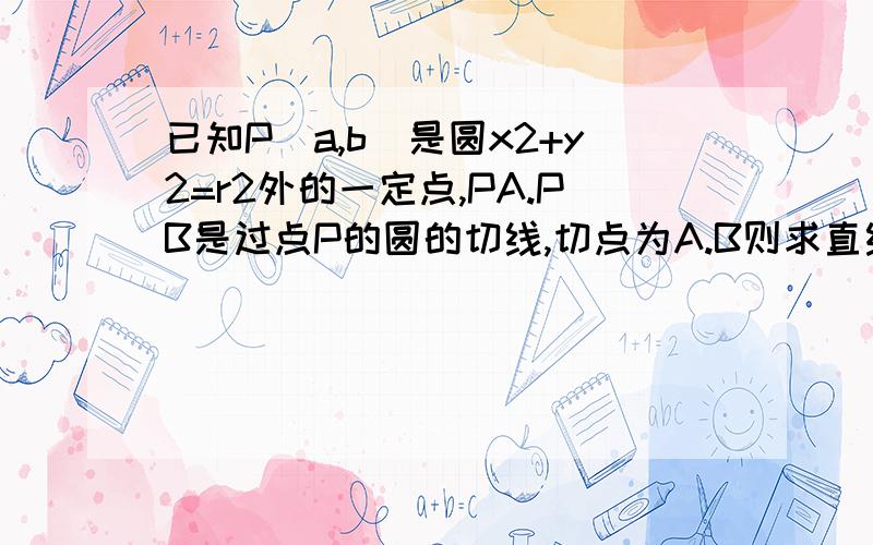 已知P(a,b)是圆x2+y2=r2外的一定点,PA.PB是过点P的圆的切线,切点为A.B则求直线AB的方程是?最好要有解题思路