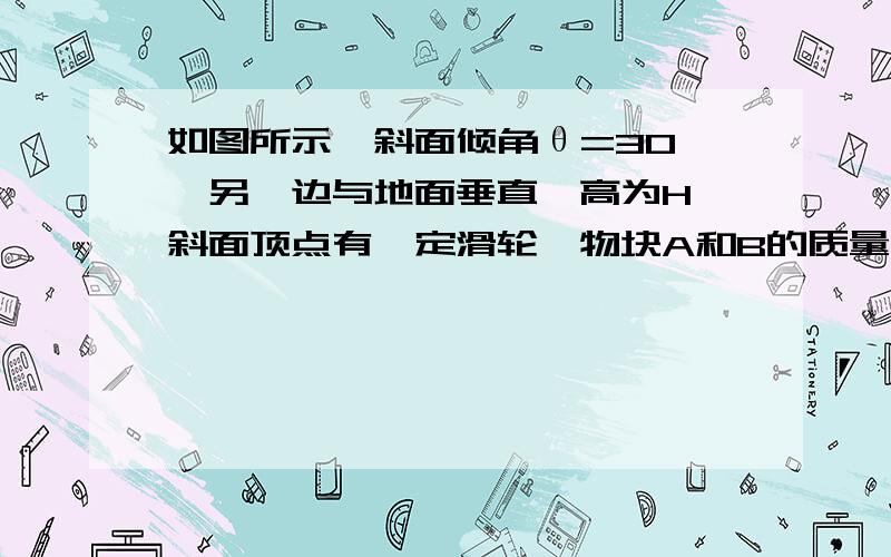 如图所示,斜面倾角θ=30°,另一边与地面垂直,高为H,斜面顶点有一定滑轮,物块A和B的质量分别为m1和m2,通过轻而软的细绳连结并跨过定滑轮,开始时两物块都位于与地面的垂直距离为H/2的位置上,