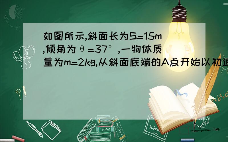 如图所示,斜面长为S=15m,倾角为θ=37°,一物体质量为m=2kg,从斜面底端的A点开始以初速度v0=20m/s,沿斜面向上滑行．斜面与物体间的动摩擦因数为μ=0.5,物体滑到斜面顶端B点时飞出斜面,最后落在与