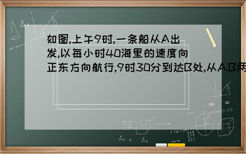 如图,上午9时,一条船从A出发,以每小时40海里的速度向正东方向航行,9时30分到达B处,从A,B两处分别测的小岛M在北偏东45°和北偏东15°方向,那么在B处船与小岛M的距离为多少   A：20海