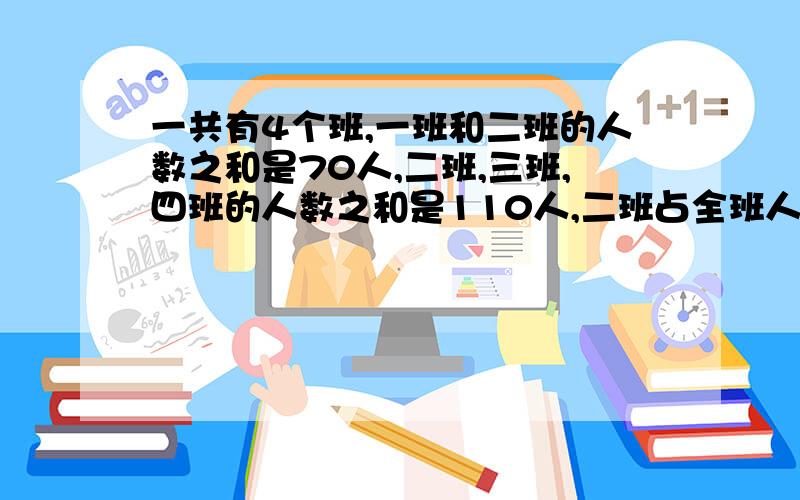 一共有4个班,一班和二班的人数之和是70人,二班,三班,四班的人数之和是110人,二班占全班人数的1/5,二班有多少人?