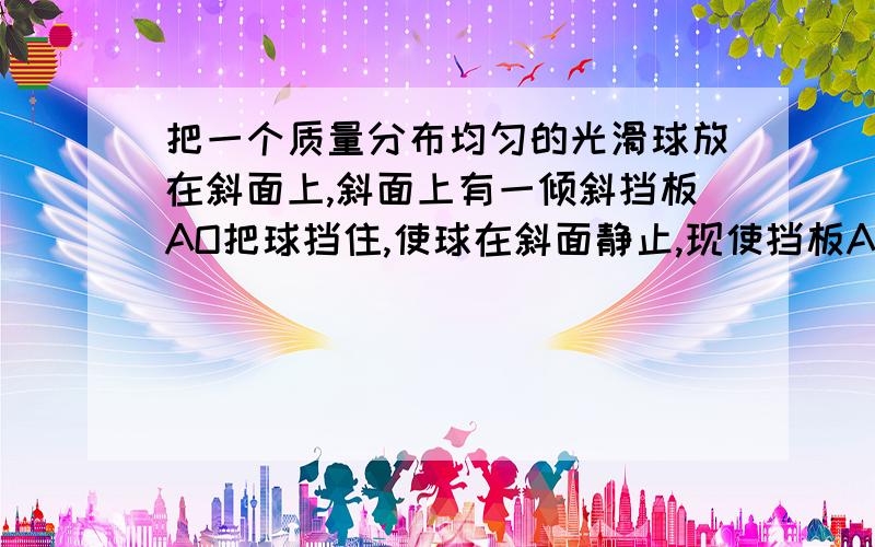 把一个质量分布均匀的光滑球放在斜面上,斜面上有一倾斜挡板AO把球挡住,使球在斜面静止,现使挡板AO绕O逆时针方向缓慢转动直至水平,在这个过程中（ ）                  A挡板对球的支持力一