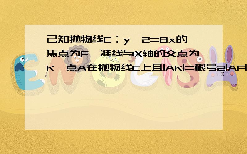 已知抛物线C：y^2=8x的焦点为F,准线与X轴的交点为K,点A在抛物线C上且|AK|=根号2|AF|,则三角形AFK的面积选择题.高二文科数学.A 4  B 8  C 16 D 32要解题过程.