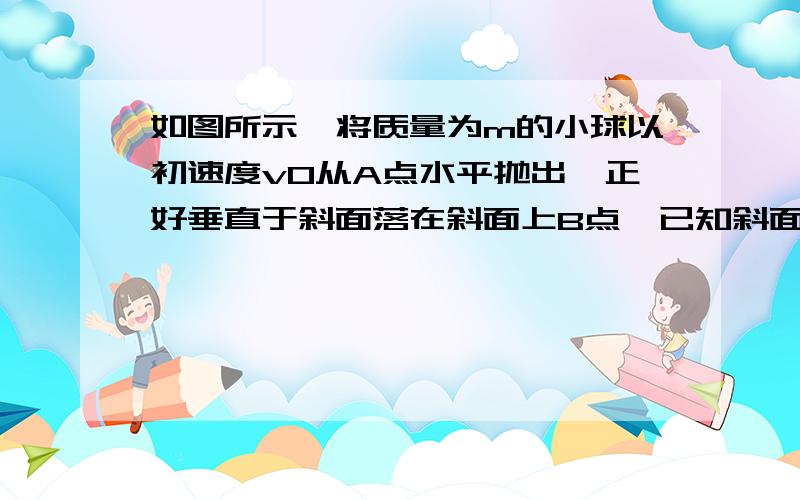 如图所示,将质量为m的小球以初速度v0从A点水平抛出,正好垂直于斜面落在斜面上B点,已知斜面的倾角为a……如图所示,将质量为m的小球以初速度v0从A点水平抛出,正好垂直于斜面落在斜面上B点