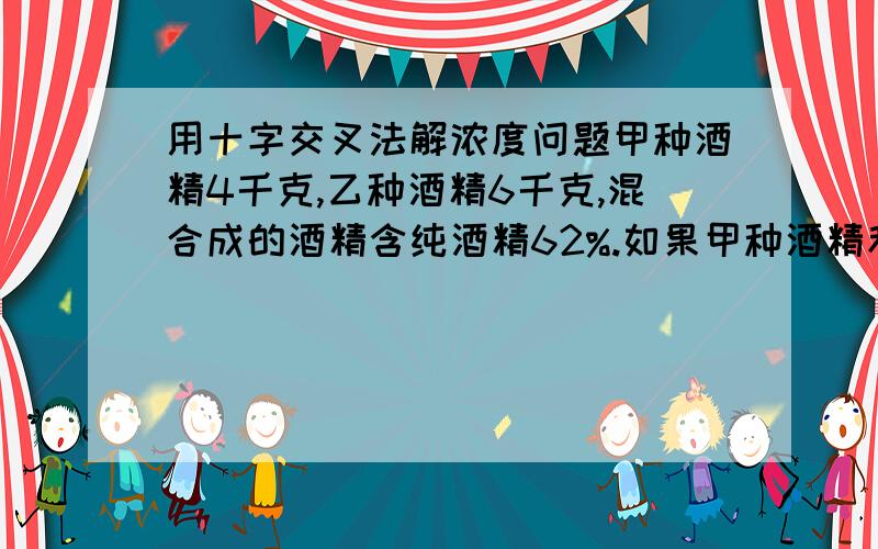 用十字交叉法解浓度问题甲种酒精4千克,乙种酒精6千克,混合成的酒精含纯酒精62%.如果甲种酒精和乙种酒精一样多,混合成的酒精含纯酒精61%.甲、乙两种酒精中含纯酒精的百分比各是多少?