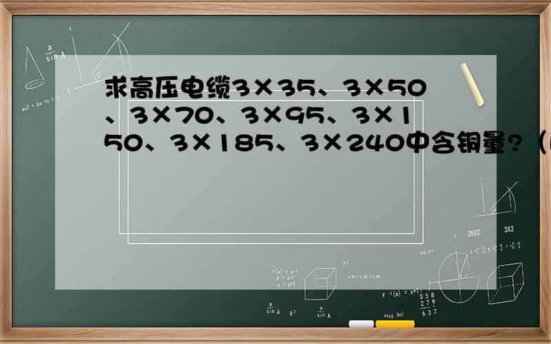 求高压电缆3×35、3×50、3×70、3×95、3×150、3×185、3×240中含铜量?（即每米含铜多少千克?）