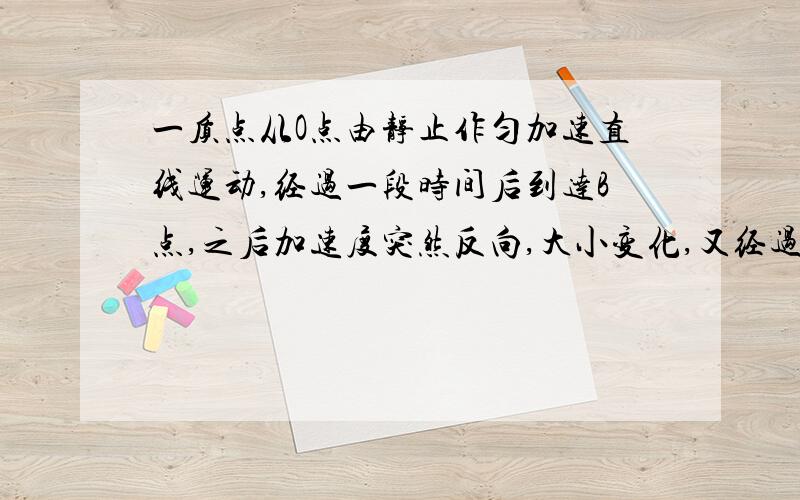 一质点从O点由静止作匀加速直线运动,经过一段时间后到达B点,之后加速度突然反向,大小变化,又经过相同的时间到达出发点,若第一次经过B点时,速度是4米每秒,求返回出发点时,.