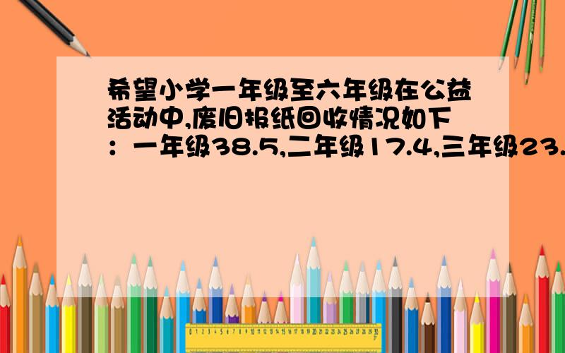 希望小学一年级至六年级在公益活动中,废旧报纸回收情况如下：一年级38.5,二年级17.4,三年级23.8,四年级32.3,五年级25,六年级26.8,求出这组数据的平均数和中位数.